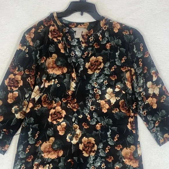 H&M Womens Black Floral Print 3/4 Sleeve V-Neck Shift Dress Sz 8 Polyester Boho - Picture 2 of 12